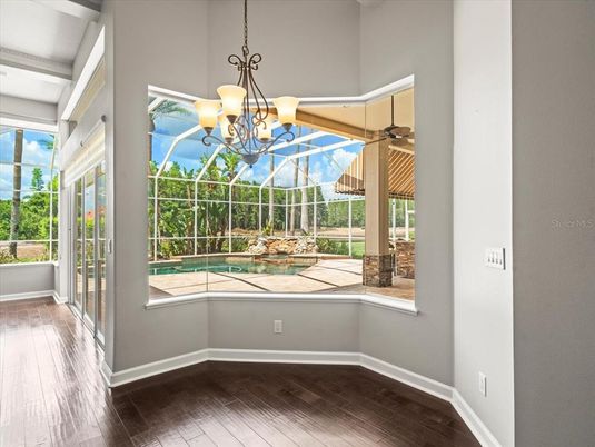 Chandelier, Interior, Sun Room, Wood Texture Flooring