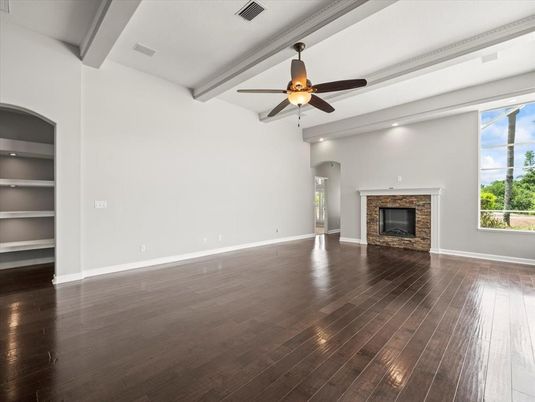 Empty room, Fireplace, Interior, Recessed Lighting, Wood Texture Flooring