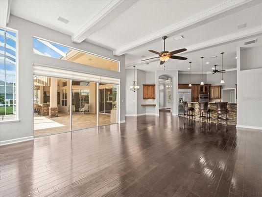 Chandelier, Empty room, Interior, Kitchen, Pendant Lights, Recessed Lighting, Wood Texture Flooring