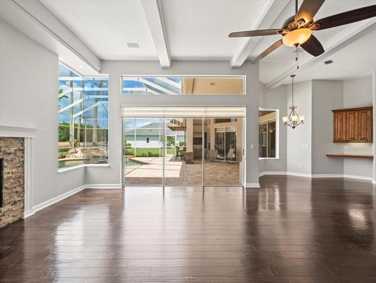 Chandelier, Empty room, Fireplace, Interior, Wood Texture Flooring