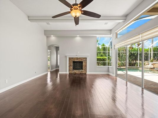 Empty room, Fireplace, Interior, Recessed Lighting, Wood Texture Flooring