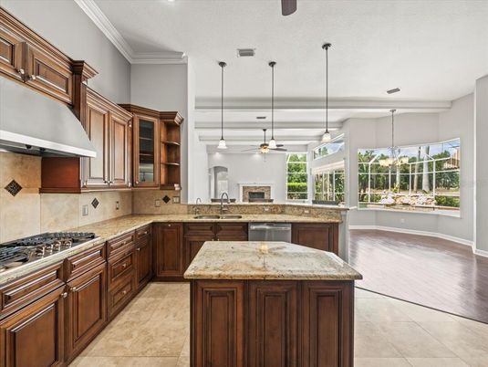Interior, Kitchen, Pendant Lights, Wood Texture Flooring