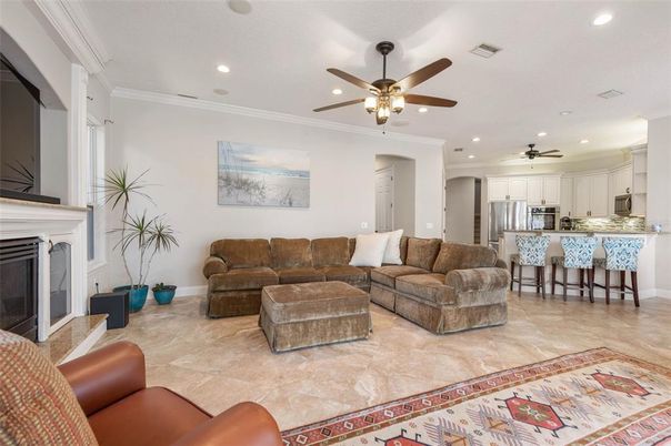 Fireplace, Interior, Kitchen, Living room, Recessed Lighting, Stainless Steel Appliances