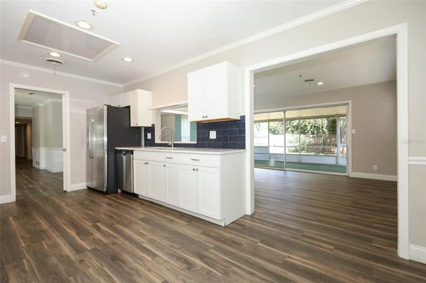 Interior, Kitchen, Recessed Lighting, Stainless Steel Appliances, Wood Texture Flooring