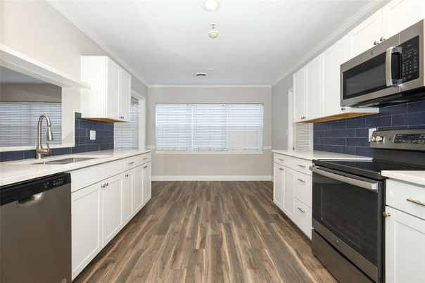 Interior, Kitchen, Recessed Lighting, Stainless Steel Appliances, Wood Texture Flooring
