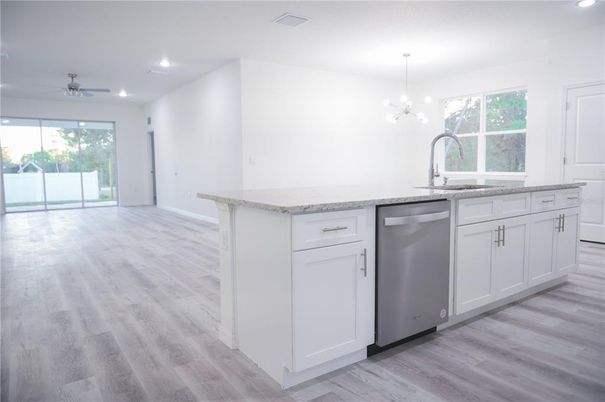 Interior, Kitchen, Pendant Lights, Recessed Lighting, Wood Texture Flooring