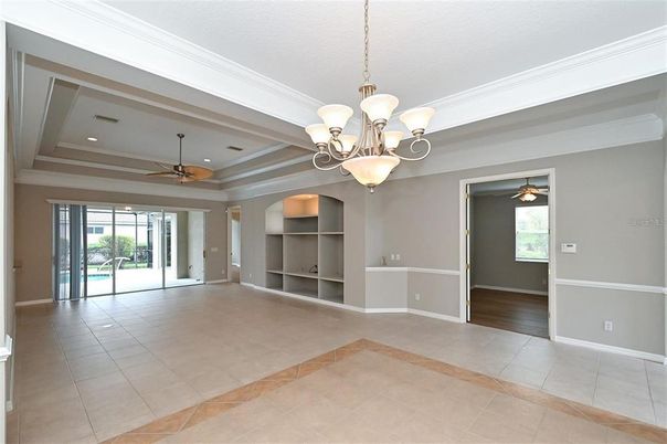 Chandelier, Empty room, Interior, Recessed Lighting, Wood Texture Flooring