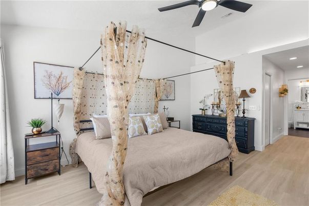 Bedroom, Interior, Recessed Lighting, Wood Texture Flooring