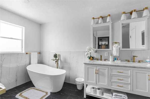 Bathroom, Dual Sink Vanities, Free Standing Baths, Interior, Marble