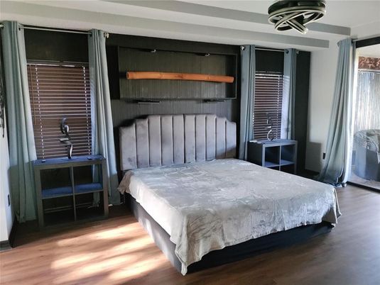 Bedroom, Interior, Pendant Lights, Wood Texture Flooring