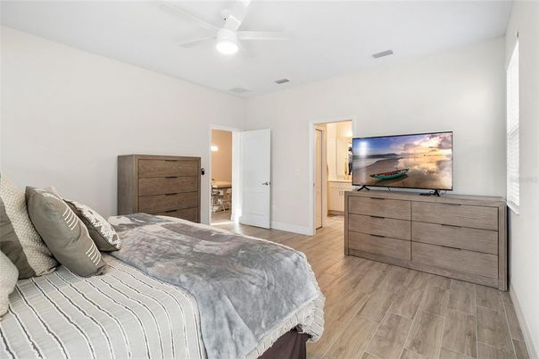 Bedroom, Interior, Recessed Lighting, Wood Texture Flooring