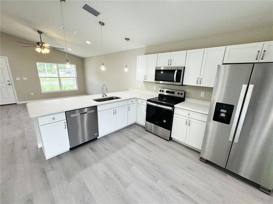 Interior, Kitchen, Pendant Lights, Recessed Lighting, Stainless Steel Appliances, Wood Texture Flooring