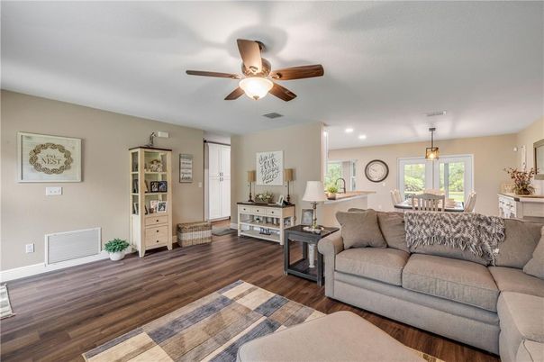 Dining room, Interior, Living room, Pendant Lights, Recessed Lighting, Wood Texture Flooring