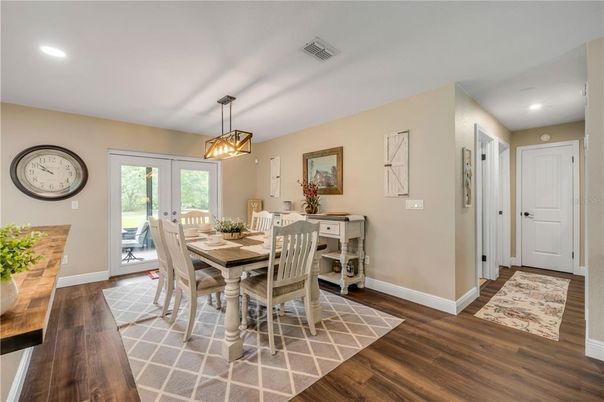 Dining room, Interior, Pendant Lights, Recessed Lighting, Wood Texture Flooring