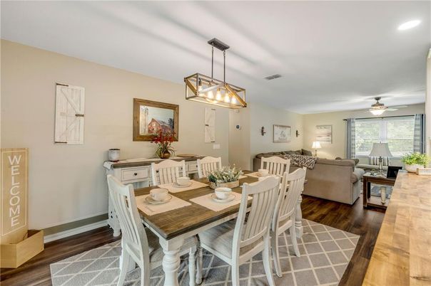 Dining room, Interior, Living room, Pendant Lights, Recessed Lighting, Wood Texture Flooring