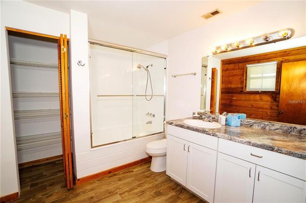 Bathroom, Glass Shower, Interior, Wood Texture Flooring
