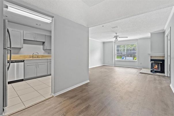 Empty room, Fireplace, Interior, Kitchen, Wood Texture Flooring