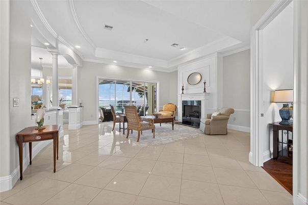 Chandelier, Dining room, Fireplace, Interior, Recessed Lighting