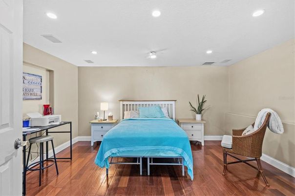 Bedroom, Interior, Recessed Lighting, Wood Texture Flooring