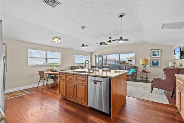 Dining room, Interior, Kitchen, Living room, Pendant Lights, Wood Texture Flooring