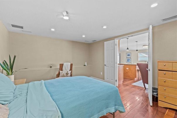 Bedroom, Interior, Pendant Lights, Recessed Lighting, Wood Texture Flooring
