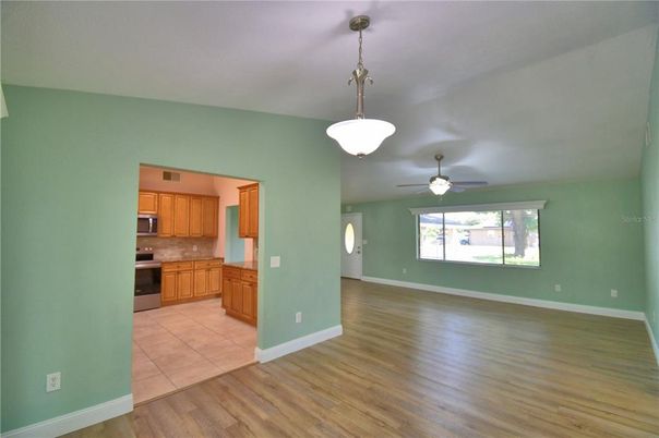 Empty room, Interior, Kitchen, Pendant Lights, Wood Texture Flooring