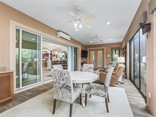Dining room, Interior, Recessed Lighting, Wood Texture Flooring