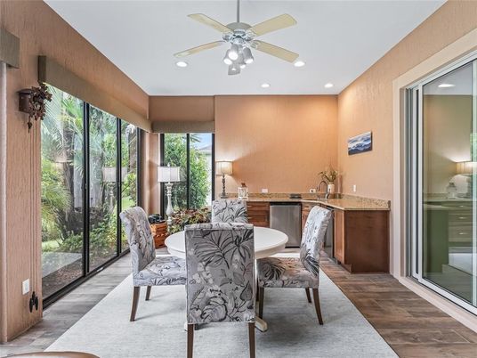 Dining room, Interior, Recessed Lighting, Wood Texture Flooring