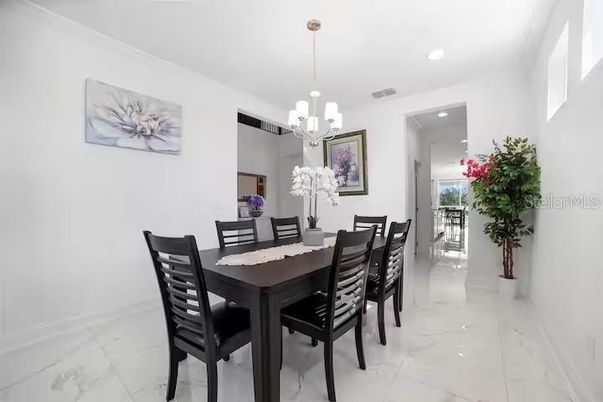 Chandelier, Dining room, Interior, Marble, Pendant Lights, Recessed Lighting