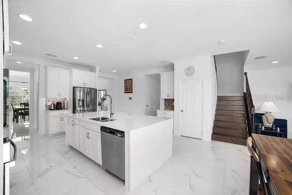 Interior, Kitchen, Marble, Recessed Lighting, Stainless Steel Appliances