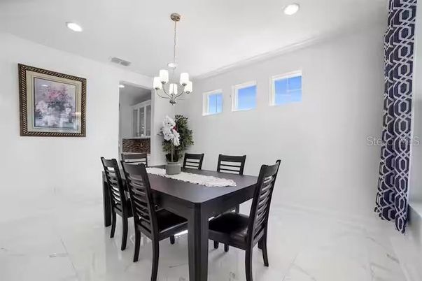 Chandelier, Dining room, Interior, Marble, Recessed Lighting