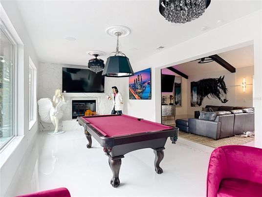 Billiard Table, Fireplace, Game Room, Interior, Living room, Pendant Lights