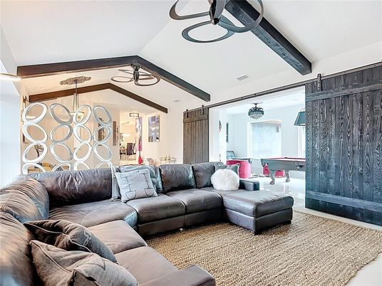 Billiard Table, Game Room, Interior, Living room, Pendant Lights, Wooden Beams