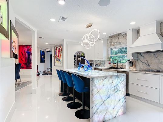 Interior, Kitchen, Marble Walls, Pendant Lights, Recessed Lighting