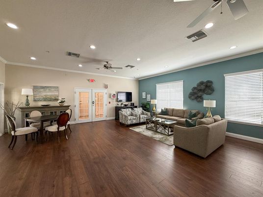 Dining room, Interior, Living room, Recessed Lighting, Wood Texture Flooring