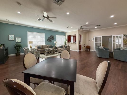Dining room, Interior, Living room, Recessed Lighting, Wood Texture Flooring