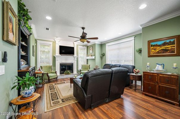 Fireplace, Interior, Living room, Recessed Lighting, Wood Texture Flooring