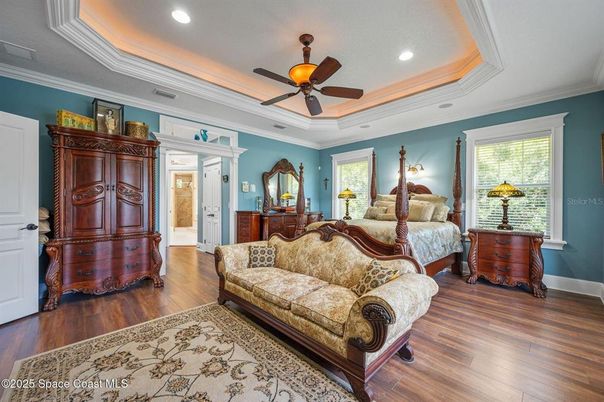 Bedroom, Interior, Recessed Lighting, Wood Texture Flooring