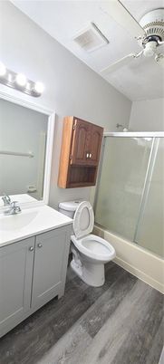 Bathroom, Glass Shower, Interior, Wood Texture Flooring