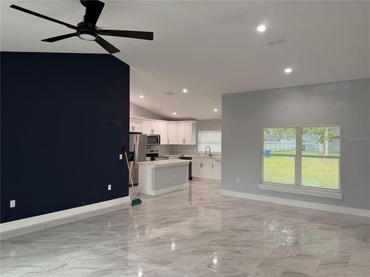 Interior, Kitchen, Marble, Recessed Lighting, Stainless Steel Appliances