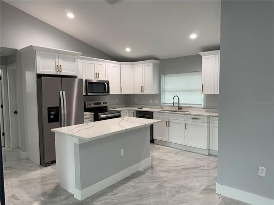Interior, Kitchen, Marble, Recessed Lighting, Stainless Steel Appliances