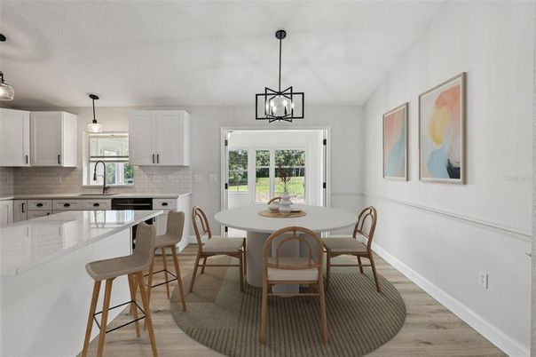 Dining room, Interior, Kitchen, Pendant Lights, Wood Texture Flooring