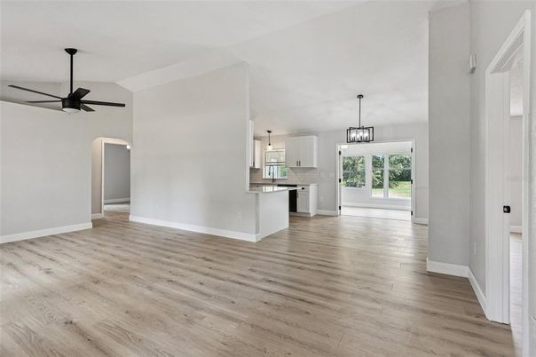 Empty room, Interior, Kitchen, Pendant Lights, Wood Texture Flooring