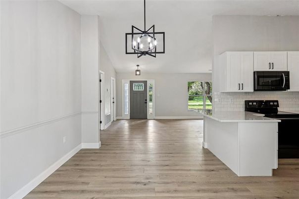 Interior, Kitchen, Pendant Lights, Wood Texture Flooring