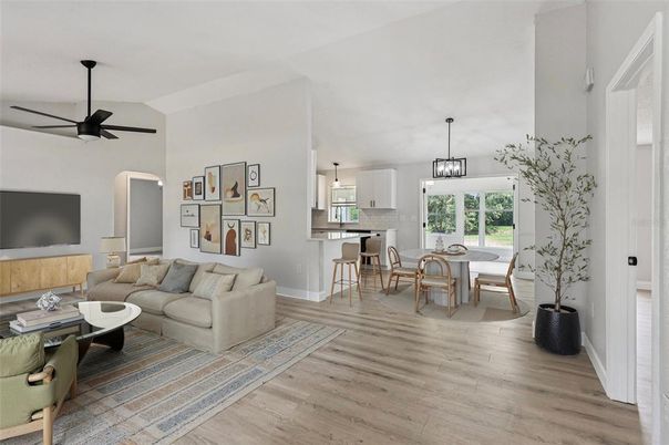 Dining room, Interior, Living room, Pendant Lights, Wood Texture Flooring