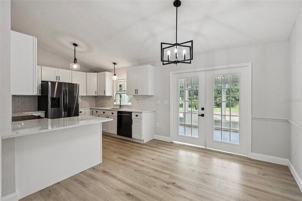 Interior, Kitchen, Pendant Lights, Wood Texture Flooring