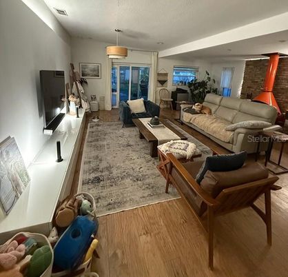 Fireplace, Interior, Living room, Stone Walls, Wood Texture Flooring