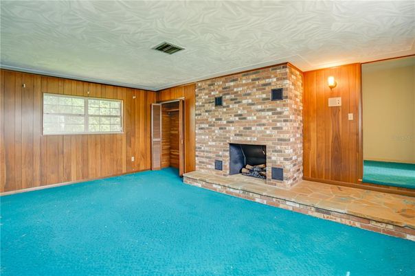 Empty room, Fireplace, Interior, Stone Walls, Wooden Walls
