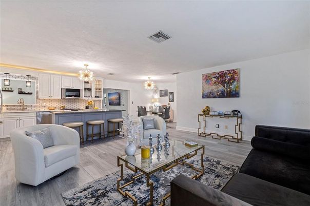 Chandelier, Dining room, Interior, Kitchen, Living room, Pendant Lights, Wood Texture Flooring