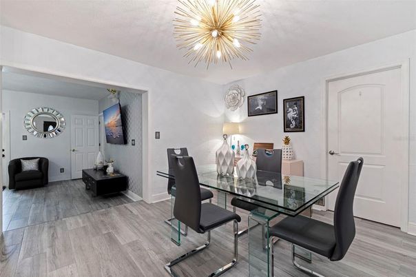 Dining room, Interior, Pendant Lights, Wood Texture Flooring